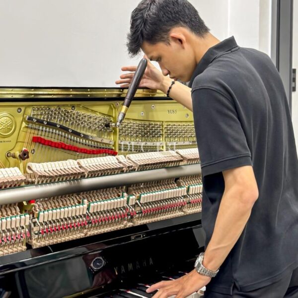 Nhân viên kĩ thuật của Piano Đức Trí đang chỉnh đàn Yamaha YUS5 cho khách hàng